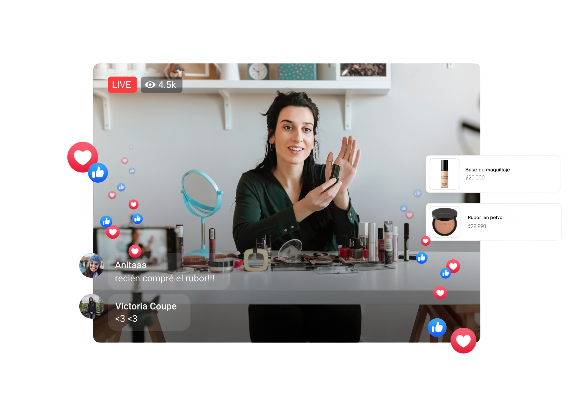 Transmisión de live shopping con productos comprables y reacciones en vivo